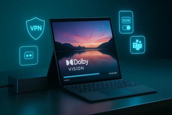Laptop shows Dolby Vision sunset wallpaper, with glowing VPN, eSIM, and Teams icons around it.