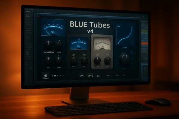 Monitor displays BLUE Tubes V4 audio plugin with glowing VU meters and knobs.