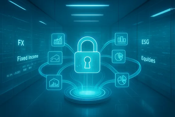 A glowing holographic padlock floats at the center of a data-security hub with charts and graphs.