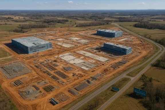 Aerial view of a large industrial complex under construction with three blue-gray buildings and cranes.