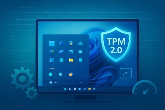 Blue-themed computer screen showing TPM 2.0 shield and Windows-style app icons.