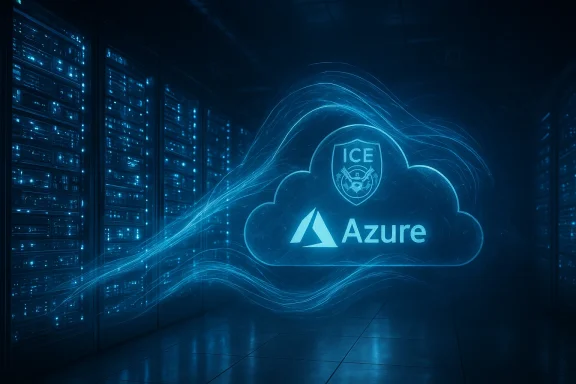 Blue, high-tech data center with a glowing ICE Azure cloud logo and streaming light trails. Blue, high-tech data center with a glowing ICE Azure cloud logo and streaming light trails.