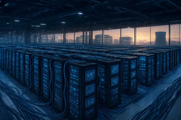A vast data center filled with rows of server racks and tangled blue cables.