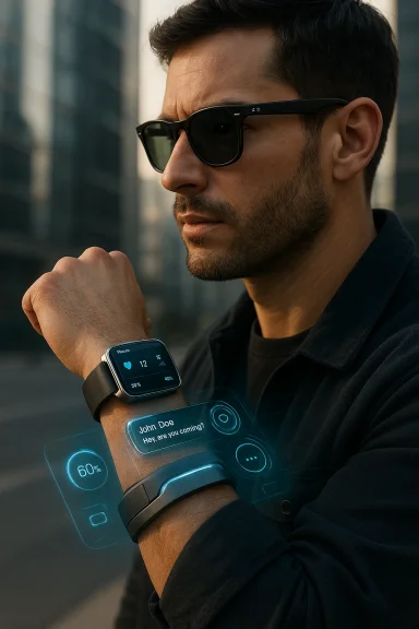 A man wearing sunglasses interacts with a futuristic holographic smartwatch interface.