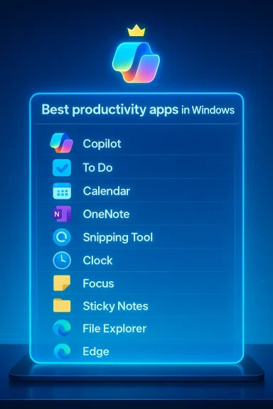 Neon blue display shows the best Windows productivity apps, including Copilot, To Do, Calendar, and OneNote. Neon blue display shows the best Windows productivity apps, including Copilot, To Do, Calendar, and OneNote.