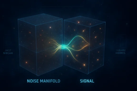 A neon illustration of a signal traveling through a noise manifold between two transparent space cubes.