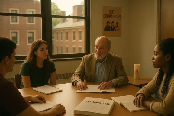 An older professor leads a diverse study group discussing criminal law in a sunlit room.