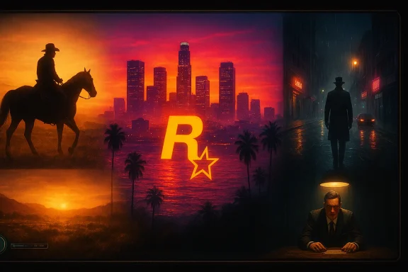 Rockstar montage: cowboy on horseback, neon city skyline, noir street, and a man at a desk.