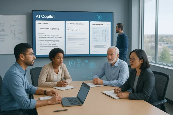 Diverse team in a modern meeting room reviews an AI Copilot display on a large screen.