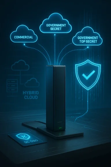 Server hub links to neon cloud icons for Commercial, Government Secret, and Government Top Secret hybrid cloud security.