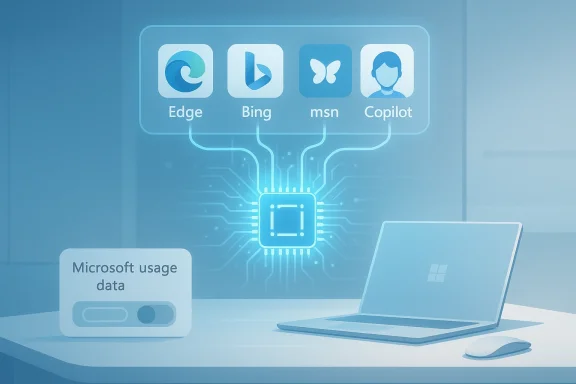 Blue tech scene of a laptop connected to app icons Edge, Bing, msn, and Copilot via a central microchip.