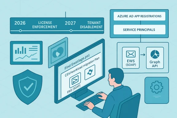 IT admin at a desk configuring Azure AD app registrations, service principals, EWS (SOAP), and Graph API.
