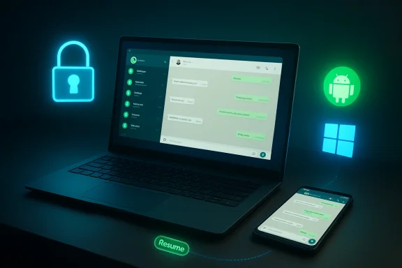 Neon-lit laptop and smartphone display a chat app, with glowing lock, Android, and Windows icons.