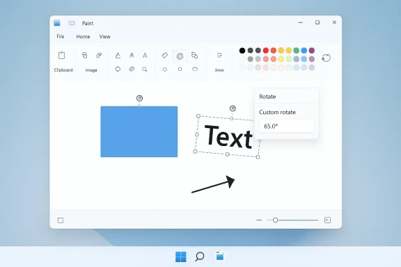 A Paint-like window showing a blue rectangle and rotated text at 65°.
