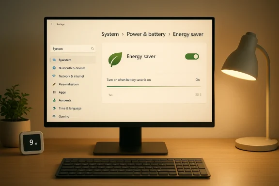 Desktop monitor showing Energy saver settings in a warm, minimalist desk setup.