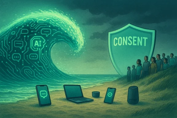 An AI data wave with circuit patterns nears as people shelter behind a large 'CONSENT' shield.