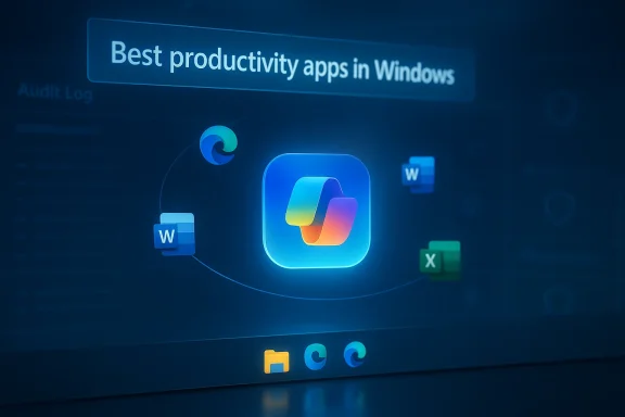 Windows screen featuring 'Best productivity apps in Windows' with a central colorful app icon and Word/Excel icons.