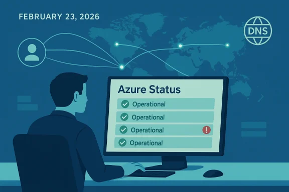 A person monitors Azure Status on a world-map dashboard with operational checks and an alert.