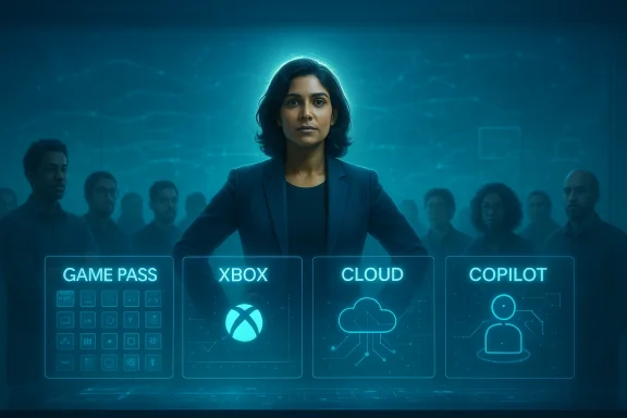 A woman in a blazer stands before holographic panels for Game Pass, Xbox, Cloud, and Copilot.