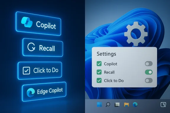 Split-screen: neon Copilot options on the left and Windows 11 Settings toggles on the right.