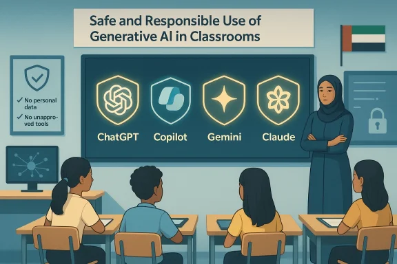 A classroom lesson on safe, responsible use of generative AI, featuring logos for ChatGPT, Copilot, Gemini, and Claude.