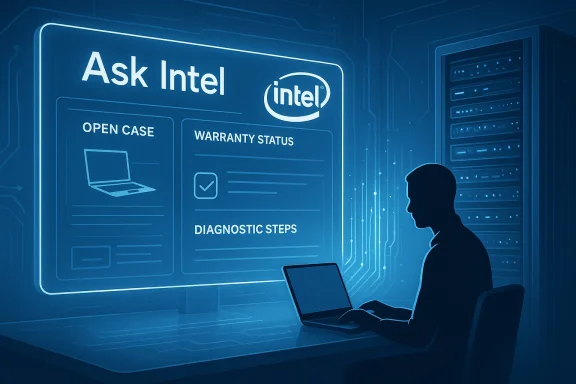 Person seated at a laptop, viewing Intel's blue “Ask Intel” diagnostic dashboard.