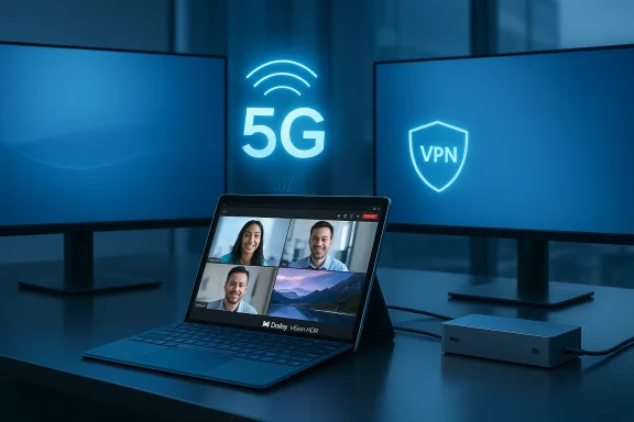 A laptop displays a four-person video call, with glowing 5G and VPN icons on the monitors.