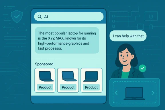 An AI assistant on a stylized dashboard suggests gaming laptops with sponsored product cards.