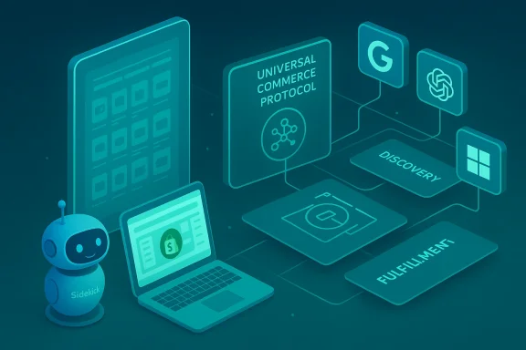 Isometric illustration of a universal commerce protocol with a robot, laptop, and discovery/fulfillment paths.
