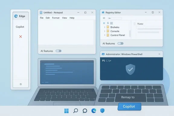A laptop with floating Windows apps: Edge Copilot, Notepad, Registry Editor, and PowerShell.