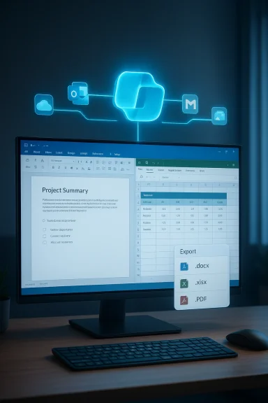 Desk setup with a monitor showing a project summary and spreadsheet, while neon blue holographic icons hover above. Desk setup with a monitor showing a project summary and spreadsheet, while neon blue holographic icons hover above.