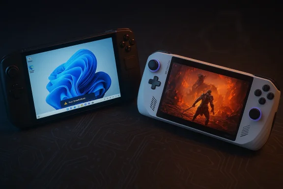 Two handheld consoles sit on a dark circuit-pattern surface, one showing Windows wallpaper, the other fiery battle art.