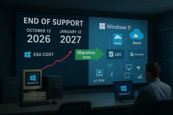 End-of-support presentation showing Windows 10 expiry and migration to Windows 11.