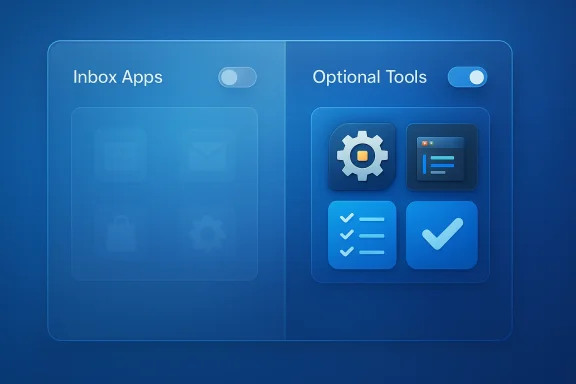 Blue UI panel showing Inbox Apps and Optional Tools with toggles.