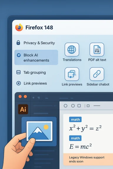 Firefox 148 UI mockup showcasing privacy, AI features, translations, and link previews.