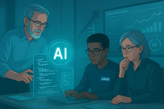 A mentor guides two junior researchers as they code AI and review charts in a blue-lit lab.