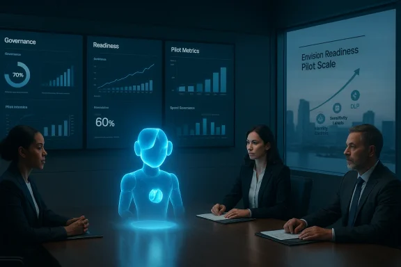 A glowing blue holographic figure leads a data-driven business meeting in a conference room.