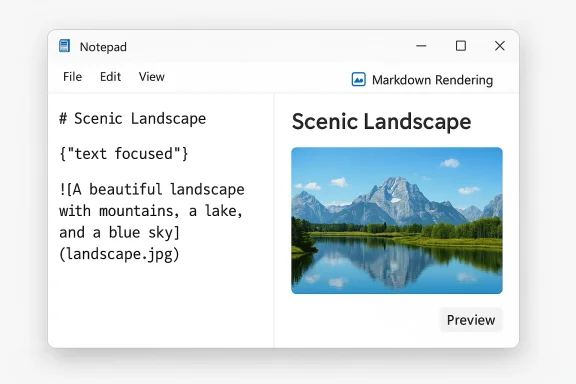 Split-screen Notepad showing markdown text on the left and a Scenic Landscape image on the right.