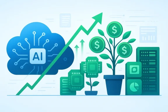 AI cloud drives growth and profits, shown as a rising arrow and money-growing plants.