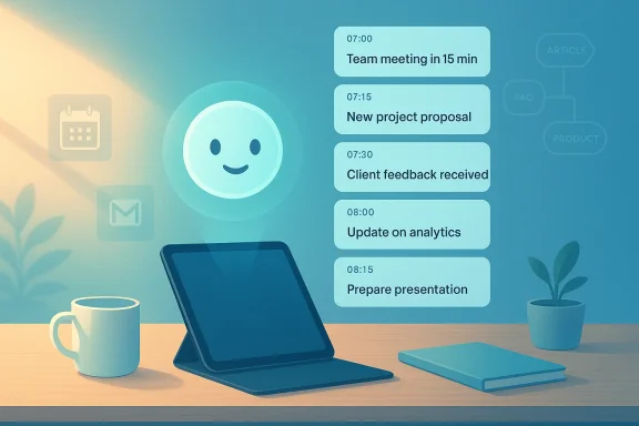 A desk with a tablet, mug, and plant, plus a floating, time-stamped to-do list of tasks.