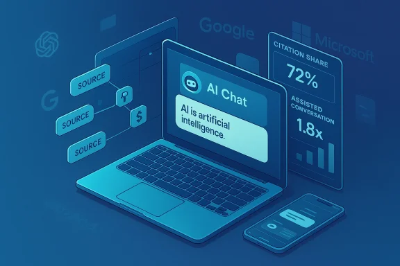 Isometric blue scene of AI Chat on a laptop with source-sharing and analytics panels.