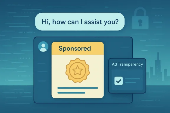 Illustration of an online ads panel showing a Sponsored badge, ad transparency checkbox, and a help prompt.