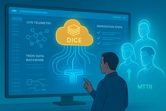 A man reviews a large screen displaying the DICE cloud system with live telemetry and remediation steps.
