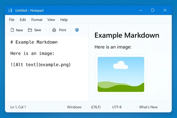 Notepad-style window with a Markdown sample and an image preview.