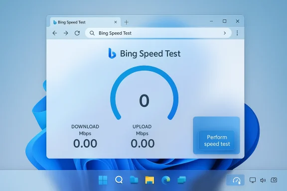 Bing Speed Test webpage open in a browser, showing a large blue gauge at 0 Mbps and a “Perform speed test” button. Bing Speed Test webpage open in a browser, showing a large blue gauge at 0 Mbps and a “Perform speed test” button.
