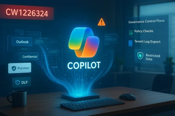 A holographic COPILOT interface hovers above a desk, displaying governance and data-protection tools.