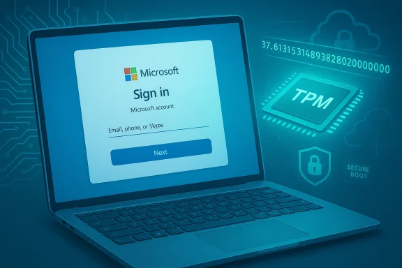 Laptop shows a Microsoft sign-in screen as TPM and security graphics illuminate in blue.
