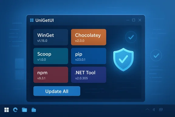 UniGetUI dashboard with colored tiles for WinGet, Chocolatey, Scoop, pip, npm, .NET Tool and an Update All button.
