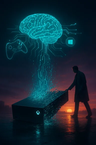 A neon brain hologram and circuitry rises from an Xbox console as a scientist watches at sunset.