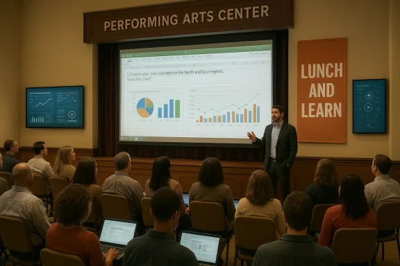 A man presents charts to a seated audience in a performing arts center.